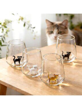 4 Pcs 3D Cat Figurine Glass Cups - Handmade Unique Gifts for Cat Lovers